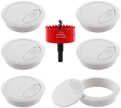 Glarks 6Pcs White Desk Grommet 2-3/8inch Desk Adjustable Cable Hole Covers with 1Pc Hole Saw, Table Wire Cable Ring Hole Cover for Office and Home Table Cable