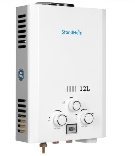 Durchlauferhitzer 12L 24 kW – LPG/Propan Warmwasserbereiter mit LCD Display, Sofort-Heißwasser für Außendusche, Garten, Haus, Camping, Wohnmobil & Wohnwagen, stufenlose Temperaturregelung