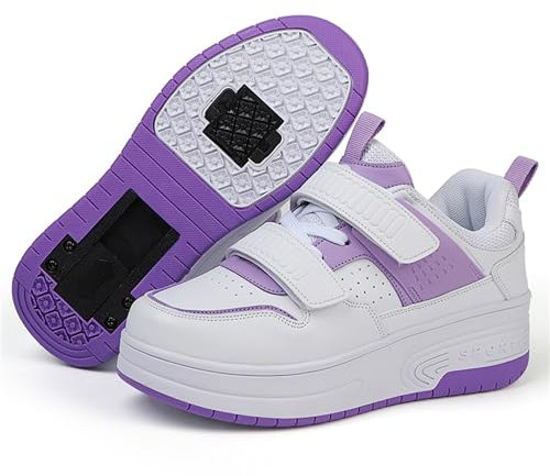 Schuhe mit Rollen für mädchen Jungen Einzelrad/Doppelrad Verstellbare Rollschuhe Schuhe Einziehbar Turnschuhe mit Rollen für Kinder Roller Skate Shoes für Outdoor-Sportarten,Lila,34EU