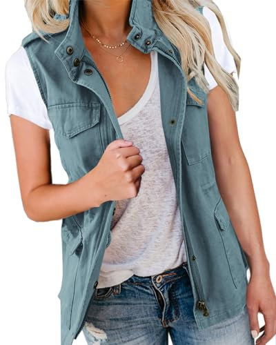 Imily Bela Womens Cargo Vests Sleeveless Drawstring Jackets with Pockets Spring Summer Lightweight Outerwear Vests(Blue-grey,M)