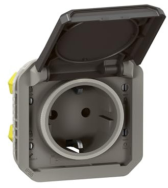LEGRAND, Plexo New Einsatz, Feuchtraum-Steckdose, Schuko-Standard, inkl. Klappdeckel, Berührungsschutz, Steckklemmen, 16A, 250 Volt, IP44 - IK08 (IP55 bei geschlossenem Deckel), Anthrazit, 069571L