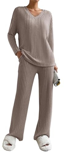 Joligiao Ensemble de Pyjama pour Femmes Manches Longues Ensemble de Vêtements de Détente 2 Pièces Tenue de Détente Côtelé Vêtement d'Intérieur Sleepwear Pantalon à Taille Élastique Haut(Kaki,L)