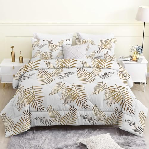 Linfye Couette 260x240 cm, Feuilles Palmier Dorées Legere 240x260 4 Saisons, Plantes Blanches Imprimée pour Lit 2 Personnes, Edredon Couette sans Houss et 2 Taies d'oreiller 65x65 cm
