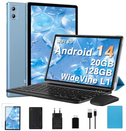 DEERTiME 2025 Newest Tablet 10 Pollici 20GB RAM+128GB ROM(TF 2TB), Android 14 Tablets Octa Core, 5G+2.4G Wi-Fi 6, 1280 * 800 FHD, BT5.0, 8+5MP, Cast, Widevine L1, GMS Tablet con Tastiera e Mouse, Blu
