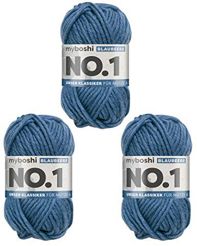 myboshi No.1 Wolle zum Häkeln und Stricken, Schnellstrickgarn, langlebige Mützenwolle, Strickwolle, Häkelwolle, mulesing-frei, 50g, Ll 55m Blau (Blaubeere) 3 Knäuel