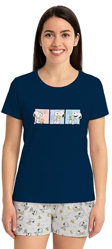 The Peanuts Snoopy Schlafanzug für Damen - Pyjama Set Kurzarm Oberteil mit Shorts Blau/Grau