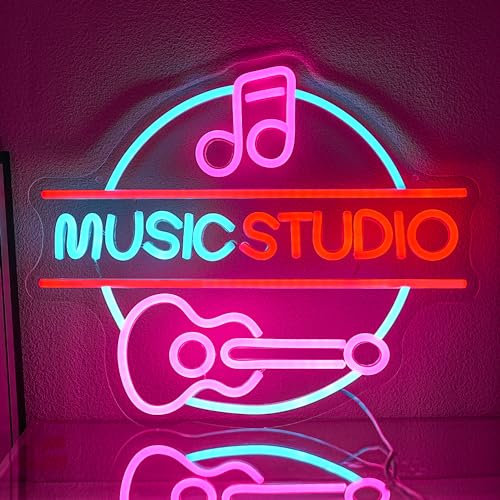 LMSIGNLY Panneaux néon pour décoration murale studio de musique lettres néon lumière néon à intensité variable guitare LED néon rose notes néon panneau néon pour studio de musique Live Musique Concert