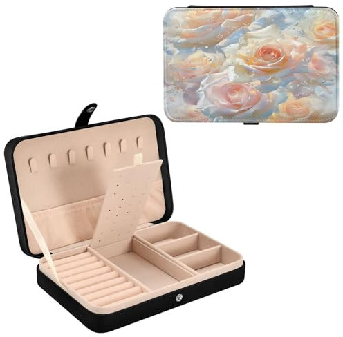 Mnsruu Flower Leather Jewelry Box, Light Yellow Roses Necklace Ring Earrings Storage Organizer for Women Travel Jewelry Organizer
