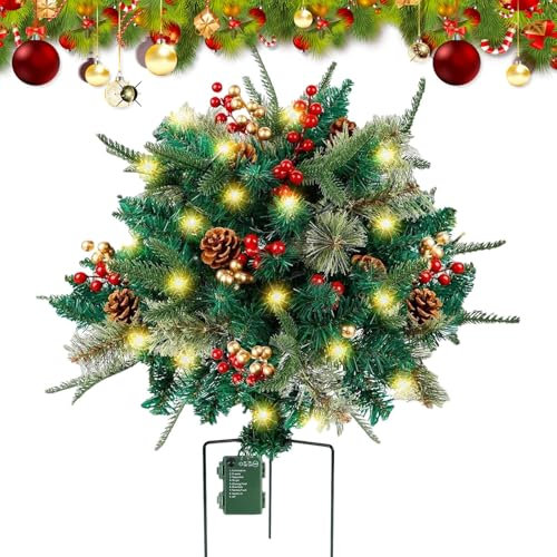 Pino di Natale artificiale, di pino di Natale - Albero da giardino finto illuminato per esterni con 8 modalità di illuminazione | Albero di Natale realistico con coni e bacche rosse per il patio di ca
