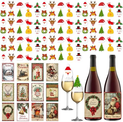 TYXHXTF 112PCS Weihnachten Flaschenetikett, Weihnachtlicher Weinflaschenaufkleber Flaschenetiketten Weinglas-Dekorations-Plug-in Trinkbecher Kennung Cocktail Getränk Marker für Strumpf Party Dekoratio