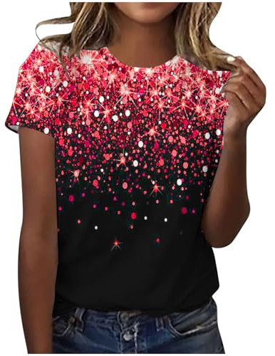 Mrat Sparkly Sequins Print Tunic Tops for Women UK: Short Sleeve, Round Neck, Shiny, Comfy, Casual Blouses, Loose Fit, Size 16