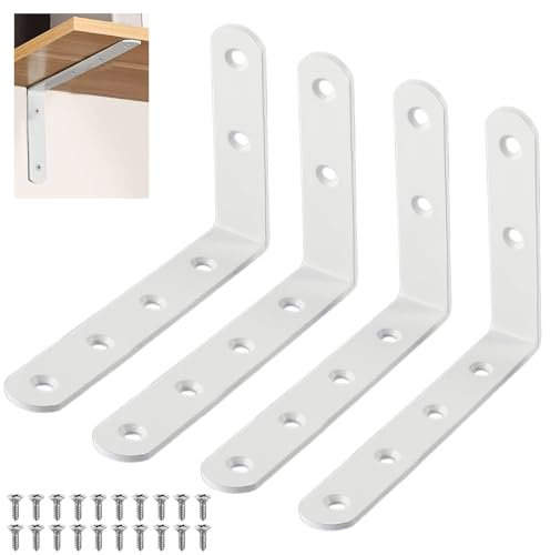 4 Stück 90 Grad L Form Wandhalterung,Schwerlast L Regalwinkel,Stabil und Haltbar,Regalwinkel Weiss,Modern Einfach,mit 24 Schraube,für Wandhalterung Regal,Regalhalterung,Eckregal,Hölzern Möbel