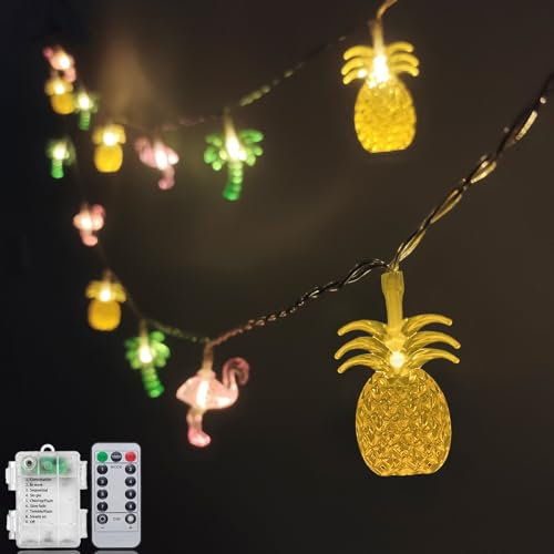 Summer Tropical Beach String Lights Battery Operated 15.3Ft 30 LED Flamingo Pineapple Palm Tree Fairy Lights with Timer, Outdoor Tropical Hawaiian Light for Beach Wedding Pool Garden Party Decor