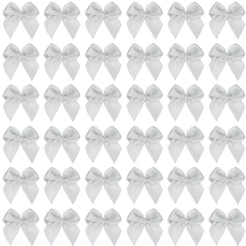 PATIKIL 1 Inch Mini Ribbon Bow 100 Pcs Satin Fabric Ribbon Flower Bows Appliques for DIY Craft Sewing Wedding Party Decoration, Silver