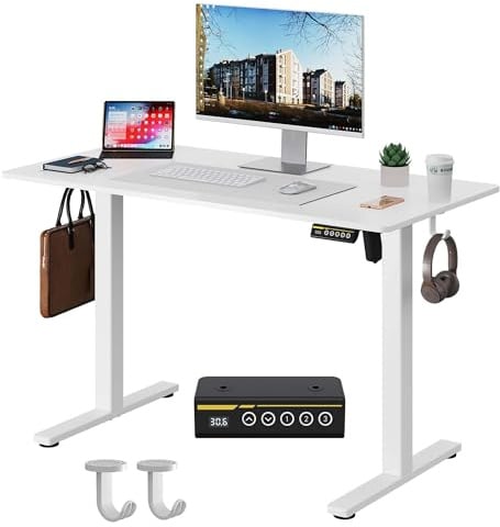 Gamork Elektrisch höhenverstellbarer Schreibtisch 100x60cm, Weiß | 72–118 cm Höhe, 2+3 Speicher, 45 dB Motor, 70 kg Tragkraft, Rollen & 3 Jahre kostenloser Motorersatz.