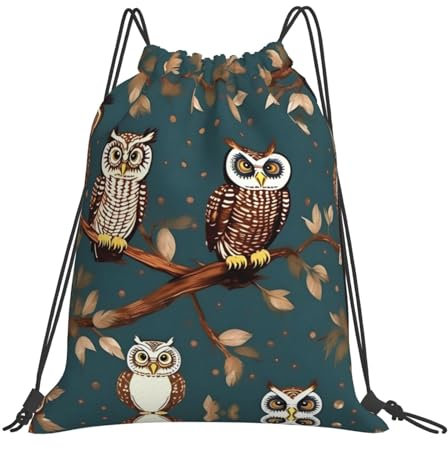 JIUTY Rucksack mit Eulen auf Baumzweigen, Kordelzug, Sport, Fitnessstudio, für Herren und Damen, weiß, One size