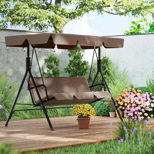 Aufun Hollywoodschaukel 3-Sitzer mit Sonnendach, 176x110x152cm, Dunkelbraun | Gartenschaukel Familienzeit mit Leichtigkeit, Gartenschaukel mit Gestell & Gepolsterte Sitzauflage, Belastbar bis 200 kg