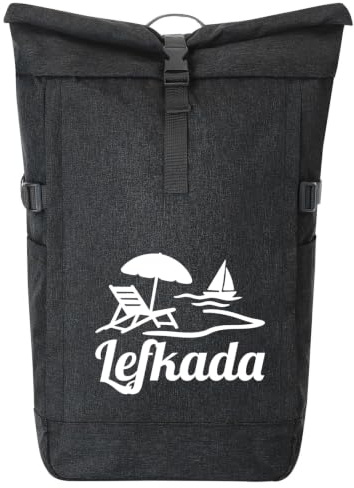 Huuraa Kurierrucksack Lefkada Griechenland Geschenk | 30-44 Liter Backpack Black Melange Fairtrade Rolltop Rucksack Geschenkidee Schwarzer Laptop-Rucksack passend für 17-Zoll