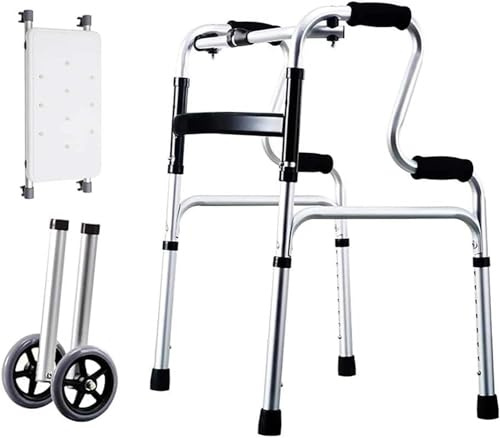 Lightweight Standard Walker with Detachable Seat 3-in-1 Stand-Assist Folding Walker with Wheels and Non-Slip Foot Pad Height Adjustable Assisted Walking Aid