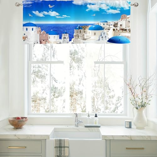 Stfery Bistrogardine Landhaus Stadt Am Meer Muster Vorhang Halbtransparent, 137x45cm x 1pcs, Scheibengardine Blau für Küche/Badezimmer Fenster Vorhänge
