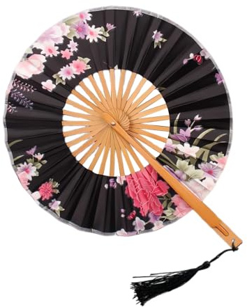 MIUPOO Japanese Fan Art Deco Round Fabric Print Bamboo Fan,Bamboo Round Folding Fan,Chinese Foldable Hand Fan for Women Birthday Wedding Party Home Decorations,Black.