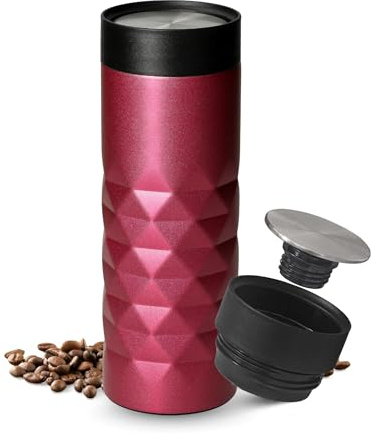 Thermobecher 450 ml - auslaufsicherer Edelstahl to go Kaffeebecher in Pink | 450 ml, Travel Mug, doppelwandig, Trinkbecher, heiß und kalt, 360 Grad Push Deckel, Büro, unterwegs, Coffee to go