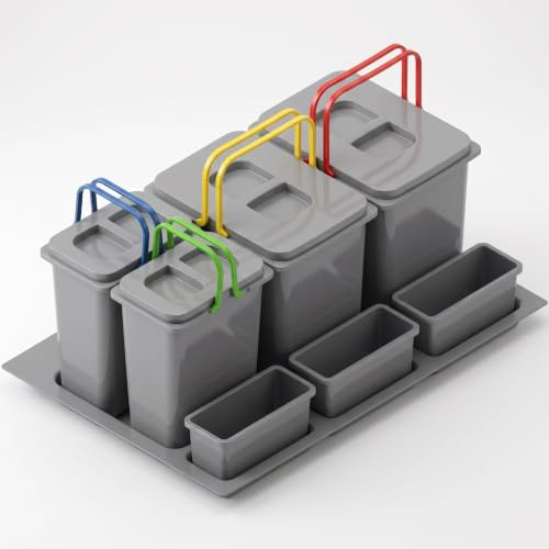 FurniFit Système de Tri Sélectif Cuisine pour Meuble de 80 cm 4 Bacs 72,5x49x30 cm (2x 15L + 2x 7L) avec Couvercle Poubelle Encastrable pour Tiroirs Set de Bacs à Ordures Argenté