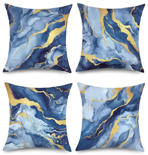 Joymaison Kissenbezüge 45x45 4er Set Blau Gold Moderne Marmor Abstrakt | Deko Kissenhülle Moderne Abstrakt Kunst Türkis Marmor Muster für Geschenk Dekorative Kissenbezug Kissen für Couch Sofa