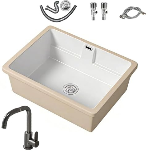 Lavatoio Ceramica per Lavare in Legno Rimovibile, lavabo da incasso per balcone con Lavare in Legno Rimovibile, Lavabo sottopiano in ceramica per Mobili Bagno e Lavanderie(600mm/23.6in)