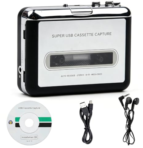 Reproductor de casete portátil, reproductor de casete USB portátil, convertidor de casetes a MP3, cinta de grabación de cassette mini USB, interfaz USB 2.0 para digitalización y uso móvil