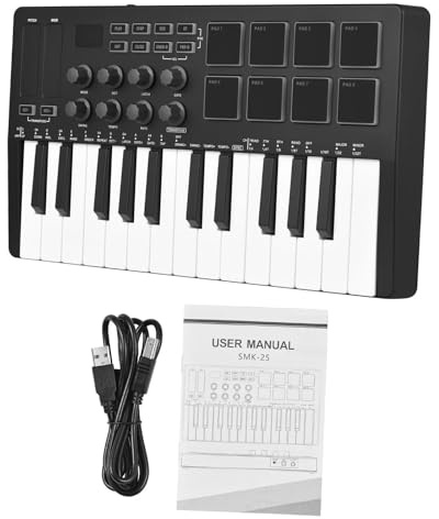 MIDI Keyboard Controller 25 Keys Wireless USB with 8 Backlit Drum Pads, 8 Knobs, 2 Touch Strips for Music Production and Performance
