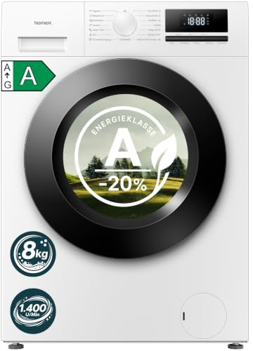 homeX WF814H1A-W Waschmaschine 8kg 1.400 U/Min Energieklasse A -20% | Frontlader, Dampffunktion, AquaStop, Inverter Motor, 15 Programme, leise 74 dB, Temperatur bis zu 90°C, Washing Machine, weiß