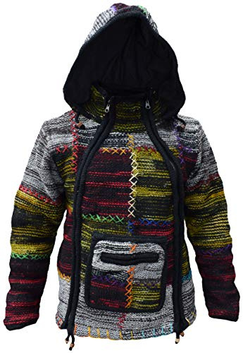 Gheri Men's Woolen Patch Kangaroo Pouch Fleece Lined Hand Knitted Winter Jacket Hoodie