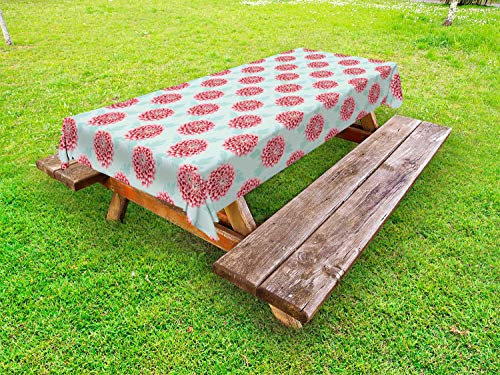 ABAKUHAUS Dahlie Outdoor-Tischdecke, Pompom geformte Blütenblätter, dekorative waschbare Picknick-Tischdecke, 145 x 265 cm, Dunkle Koralle und Blassblau
