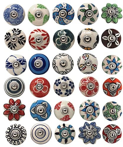 Ajuny 30er Set Keramik Knöpfe Bemalt Mehrfarbig Blumenmuster für Küchenschränke Möbel Schranktüren Schubladen Truhengriffe Handgefertigte Dekorative Glänzender Oberfläche Bunte Griffe