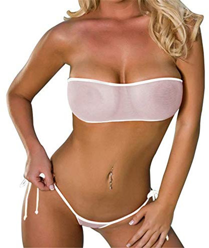 ZHER-LU Bikini en maille à trois points pour femme, haut bandeau en maille transparent pour la plage en été, mini string brésilien, blanc, Taille Unique