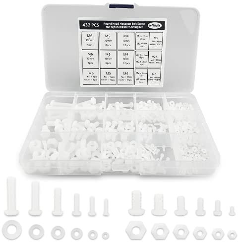 432 Stück Weiße Nylon Kunststoff Rundkopf Schrauben, Unterlegscheiben Sortier Kit, Metrische Sechskant Muttern, M2/M2.5/M3/M4/M5/M6