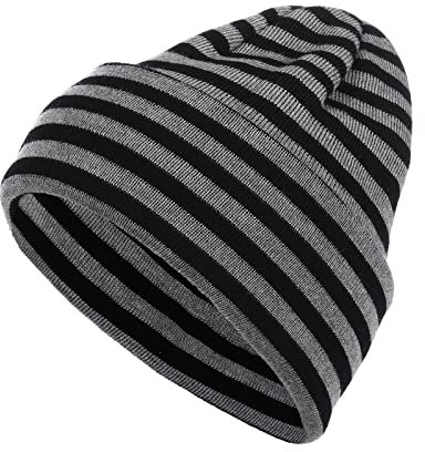 modAS Unisex Strickmütze Mütze gestreift Geringelt - Damen Herren Ringelmütze aus Reiner Schurwolle Merino in Schwarz/Grau