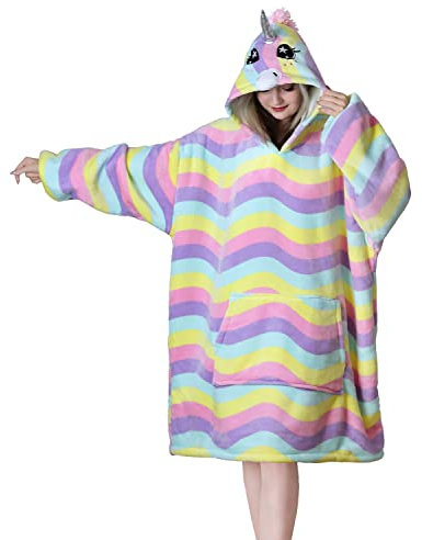 Queenshin Sweat à Capuche Femme Pull Plaid Large Cosy Licorne Sweat Pour Femme Fille, Douce Et Chaude Couverture Capuche Fluffy De Sherpa, Taille Unique