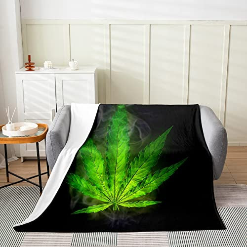Marihuana Weed Leaf Überwurfdecke Cannabisblätter Fleecedecke Trippy Green Smogy Marihuana Leaf Flanelldecke für Jungen Mädchen Männer Home Room Decor Botanical Leaves Fuzzy Decke,75 x 100