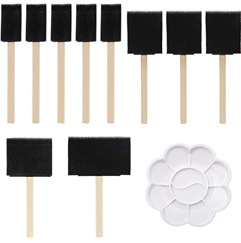 10 Pieces Sponge Foam Brush with 1 Piece Plum Palette, Sponge Painting Paint Brush with Wooden Handle, Painting Sponge Tool, Foam Paint Brush, for Crafts, Varnishes, Stains
