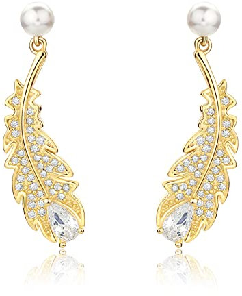 ZHOU LIU FU Perlenohrringe Silber 925 Damen-Ohrstecker Perlen Ohrschmuck 18K Vergoldet 8-10mm Klein Ohrstecker Mit Zircons Vintage Schmuck Geschenk Herz Blume Runden Sonne Rose Mama (Feder)