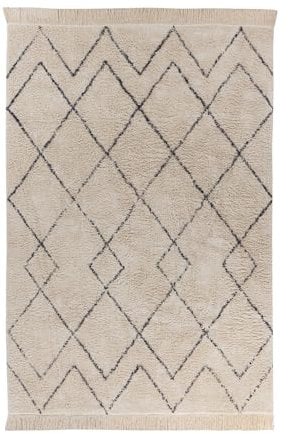 Qiyano Alena Boho Teppich Creme Blau 160 x 230 cm, Flauschiger Hochflor Teppich aus Baumwolle, Wohnzimmer & Schlafzimmer, Strapazierfähig, Florhöhe ca. 15 mm