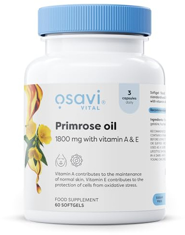 Osavi Primrose Oil 1800 mg with Vitamin A & E – 60 Softgels | Cold–Pressed Evening Primrose Oil with GLA, Enriched with Vitamin A & E | Supports Skin Health & Cell Protection