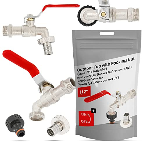 Garten Wasserhahn mit Dichtungsmutter 1/2 IG x 3/4 AG Schlauchanschluss 3/4 AG x Steckanschluss 1/2 und Schnellanschluss 3/4 IG x Schnellverbinder 1/2 | Außenwasserhahn Auslaufhahn Gartenhahn