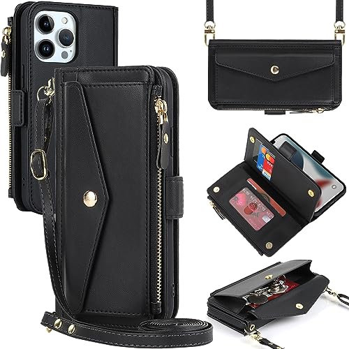 Zouzt for iPhone 13 Pro Wallet Case for Women, Purse with Credit Card Holder Slots Crossbody Lanyard Strap Zipper Flip Book Shockproof Protective Phone Cover for Apple 13 Pro 6.1 Inch (Black)