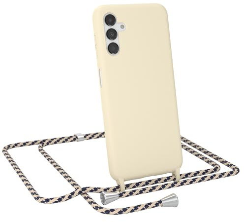 EAZY CASE - Handykette austauschbares Band - kompatibel mit Samsung Galaxy A13 (5G) Silikon Necklace(abnehmbar),Stoßdämpfung bei Sturz Taupe mit Taupe/Blau Camouflage Clip Silber