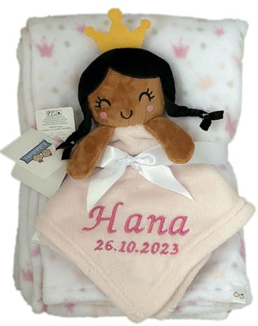 KIDDI-MEDIA Babydecke inklusive Trösterchen mit Name und Geburtsdatum Bestickt/kuschelig weich / 1A Qualität (Prinzessin 3)