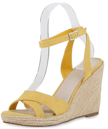 VAN HILL Damen Keilsandaletten Keilabsatz Bast Trendy Schuhe 213676 Dunkelgelb 37