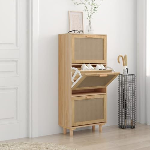 LAPOOH Schuhschrank Braun 52x25x115 cm Holzwerkstoff & Rattan Natur~Schuhorganizer, Flurgarderobe, Shoe Cabinet, Schuh Schrank, Flurschrank, Schuhkipper, Schuhaufbewahrung